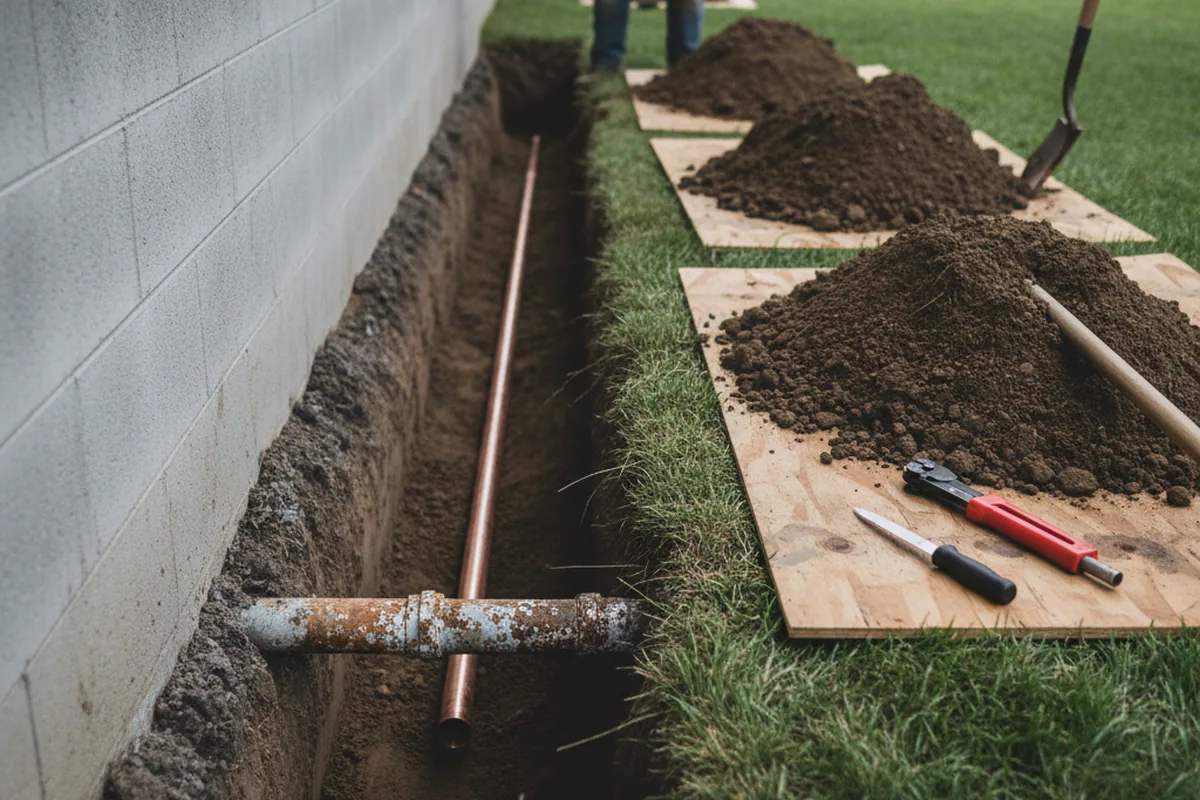 Excavated water line trench during Water Softener Installation in Hereford